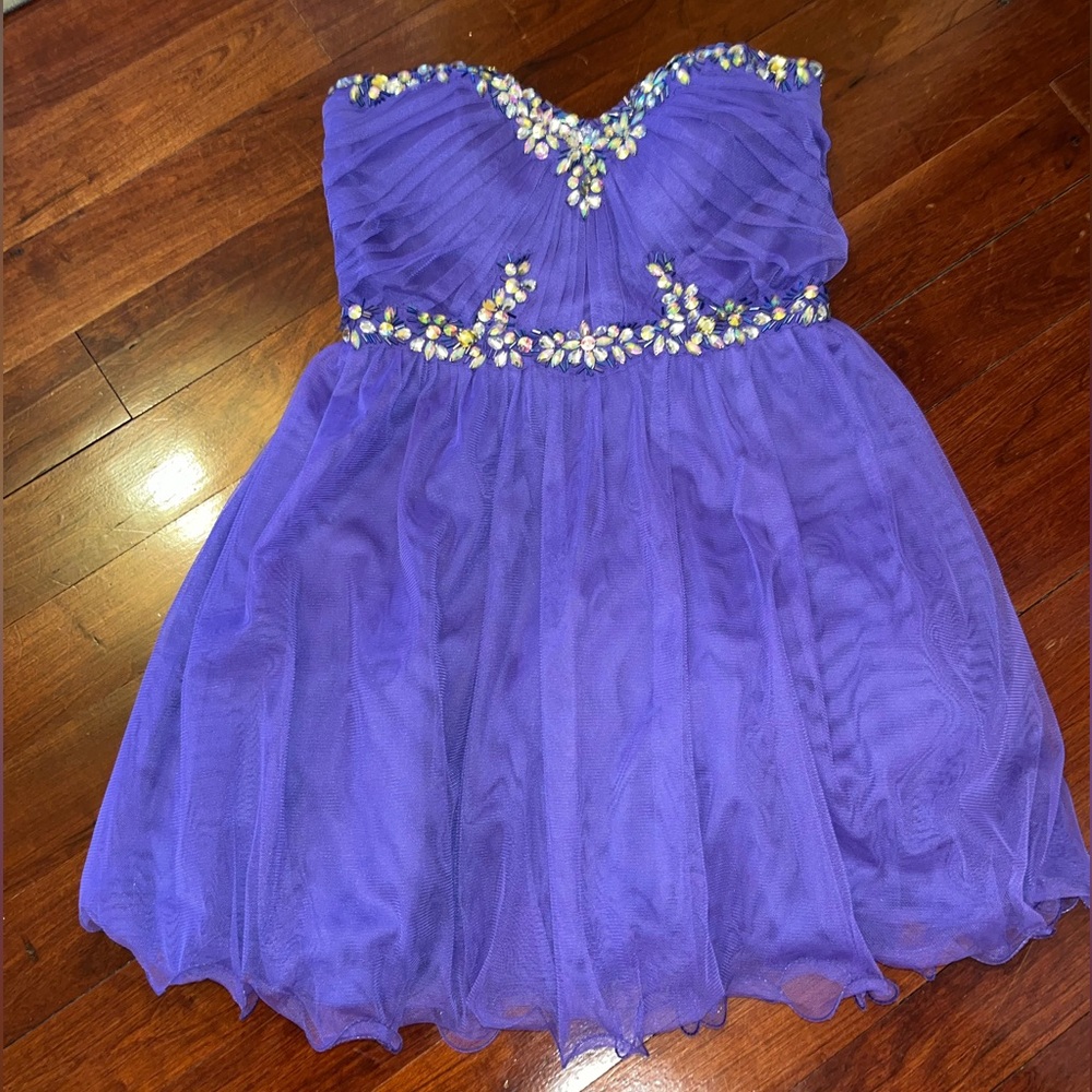 Juniors formal dress strapless purple royal borealis stone beading